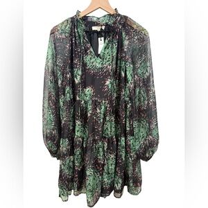 NEW Printed V-neck Tiered Long Sleeve Semi Sheer Sleeve‎ Black Green Dress S